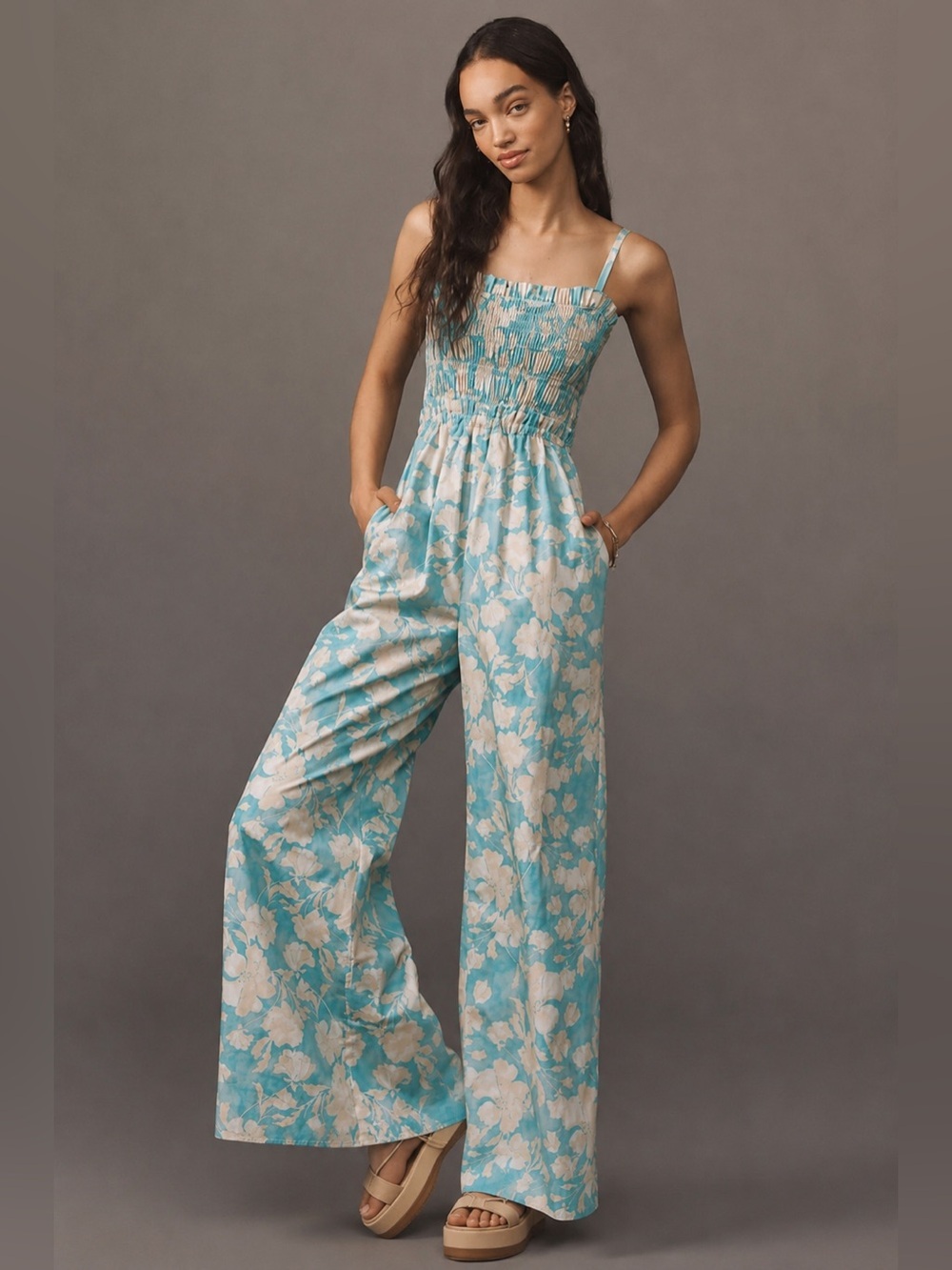 Anthropologie Hutch Smocked Blue Floral Wide-leg Jumpsuit NWT Medium